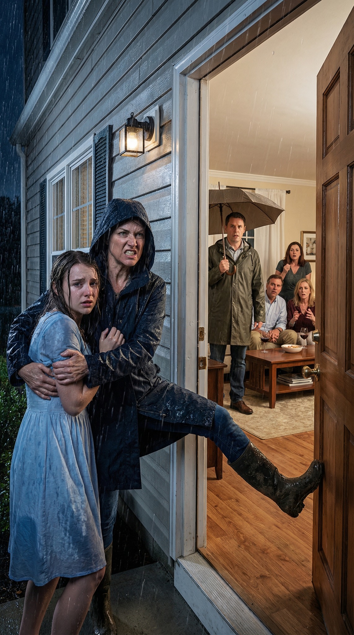 I found my daughter kneeling in the rain, her husband punishing her for buying a new dress. Inside, I could hear her husband and his family laughing. I picked her up, kicked open the door, and said five words they would never forget.