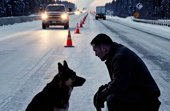 Een moederhond smeekte om hulp op een bevroren snelweg
