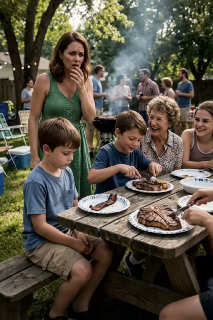 Tijdens een barbecue met de familie kreeg mijn neefje een dikke, perfect gebakken T-bone steak voorgeschoteld, terwijl mijn zoon niets anders kreeg dan een aangebrande vetrand. Mijn moeder lachte het weg. “Dat is meer dan genoeg voor zo’n kind.” Mijn zus grijnsde en voegde eraan toe: “Eerlijk gezegd, zelfs een hond zou iets beters krijgen.” Mijn zoon sloeg zijn ogen neer en zei zachtjes: “Mam… ik vind dit prima.” Een uur later, toen ik eindelijk begreep wat hij bedoelde, liep de angst als een ijskoude rilling door me heen.