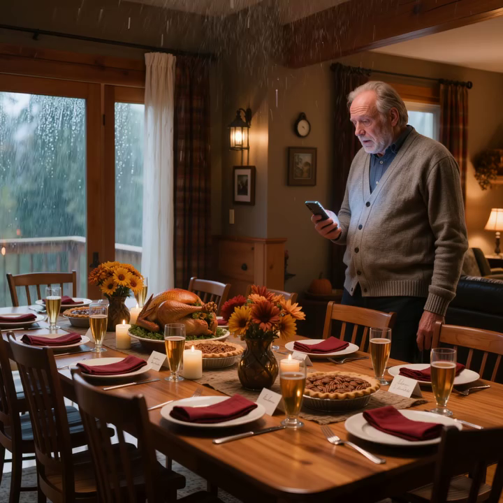 Ik had een Thanksgiving-tafel gedekt voor 15 personen, alle naamkaartjes met de hand geschreven en de hele nacht gewacht in het oude huis van mijn overleden vrouw… Maar toen het etenstijd was, haakten al mijn vier kinderen tegelijk af, en de volgende ochtend stonden ze samen in de regen voor mijn deur.