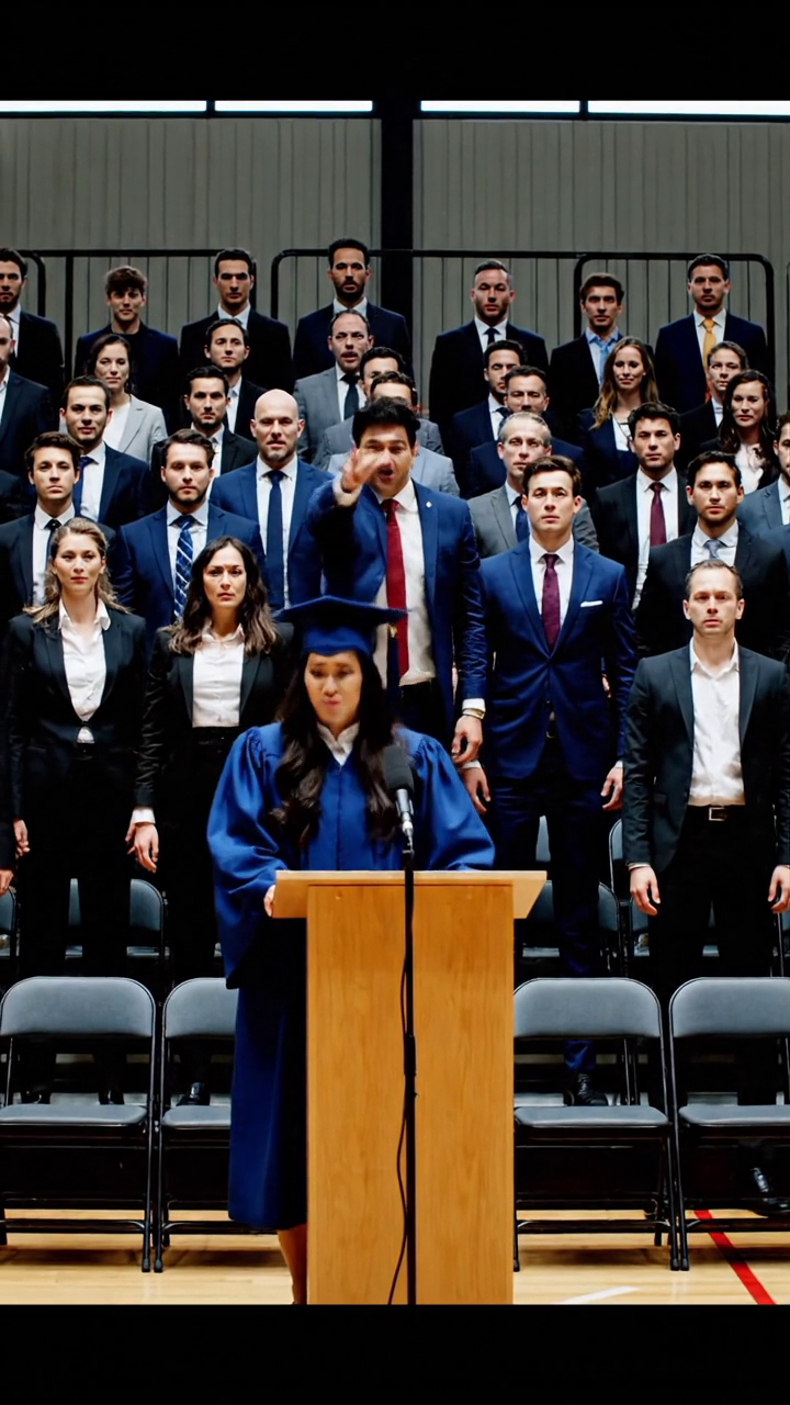Tijdens mijn diploma-uitreiking stond mijn vader op de tribune en riep: “Niet klappen – ik heb voor die opleiding betaald, niet zij.” Tweeduizend mensen staarden hem aan. Mijn handen trilden, maar ik glimlachte, liep terug naar het podium en sprak zeven woorden. De decaan draaide zich naar mijn vader. Beveiligingspersoneel liep al naar hem toe.