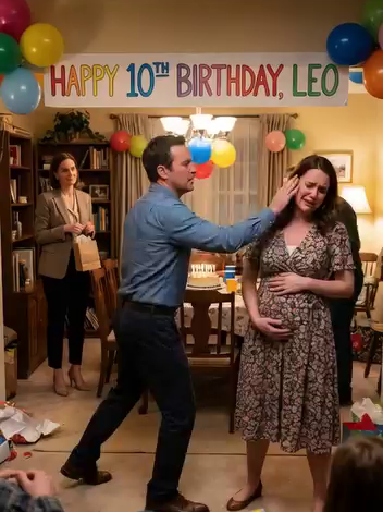 My son’s 10th birthday was supposed to be pure joy—balloons, cake, candles—until she walked in, my husband’s mistress, smiling like she owned the room. Pregnant, my hand on my belly, I heard him hiss, “You think you’ve won?” Then—CRACK. His slap exploded across my face in front of our child. My son trembled, “Dad… why did you hit Mom?” He snapped, “Quiet. Adult business.” That night my boy whispered into my shoulder, “I’ll never let anyone make you cry again.” Ten years later… a luxury car stopped outside. And my son said, “Mom, come with me. Today… you’ll watch someone kneel.”