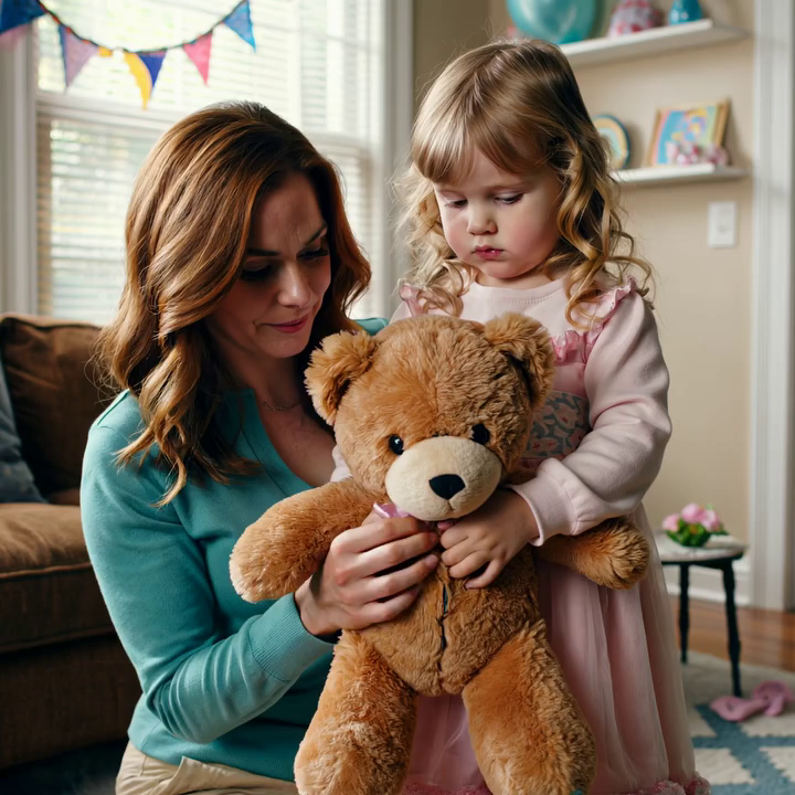 Op de zesde verjaardag van mijn dochter stuurden mijn schoonouders haar een heel schattige bruine teddybeer. Ze was eerst heel blij, maar toen verstijfde ze plotseling. “Mama… wat is dit?” Ik hurkte neer om beter te kijken en werd bleek. Ik schreeuwde niet. Ik maakte geen ruzie. Ik handelde het rustig af. Drie dagen later stond de politie voor hun deur…