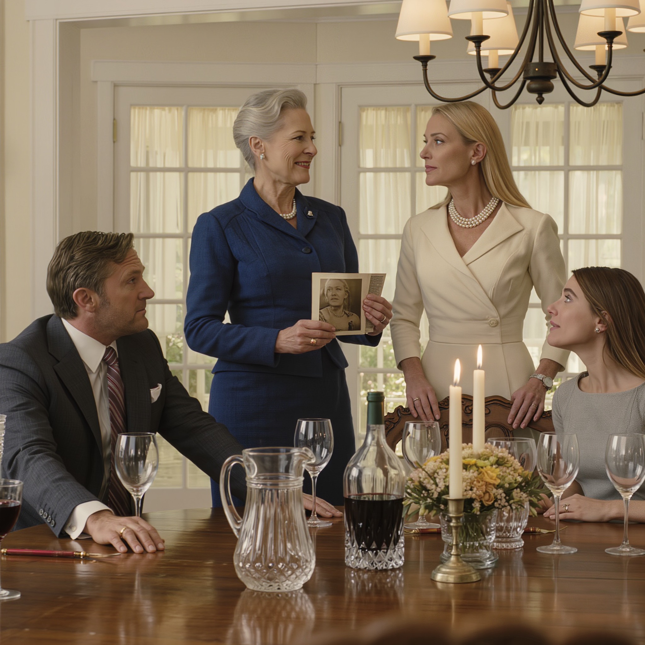 At a family dinner, Jessica lifted her glass and humiliated her 69-year-old mother-in-law in front of everyone—then Margaret calmly stood up, pulled an old photograph from her dress pocket, and said, “Tell the family about that work trip to Miami. You didn’t go alone, did you?” One sentence turned the room silent, and the perfect wife suddenly looked terrified.