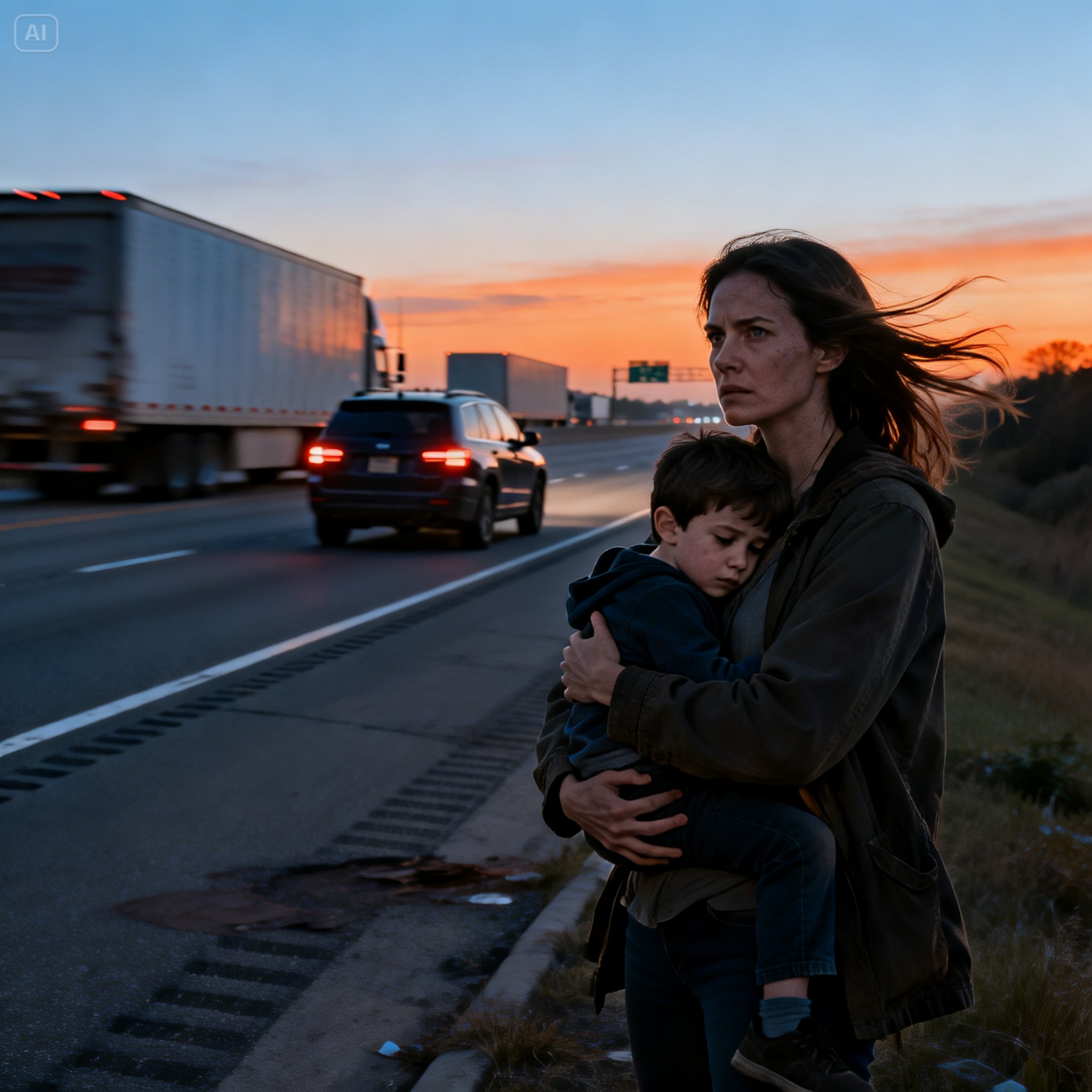 The SUV door slammed, the locks clicked—and they drove off. I stood on the shoulder of I-71 clutching my fading son while trucks thundered past. They thought I’d crawl back and stay quiet… but the papers on their kitchen counter would say otherwise.