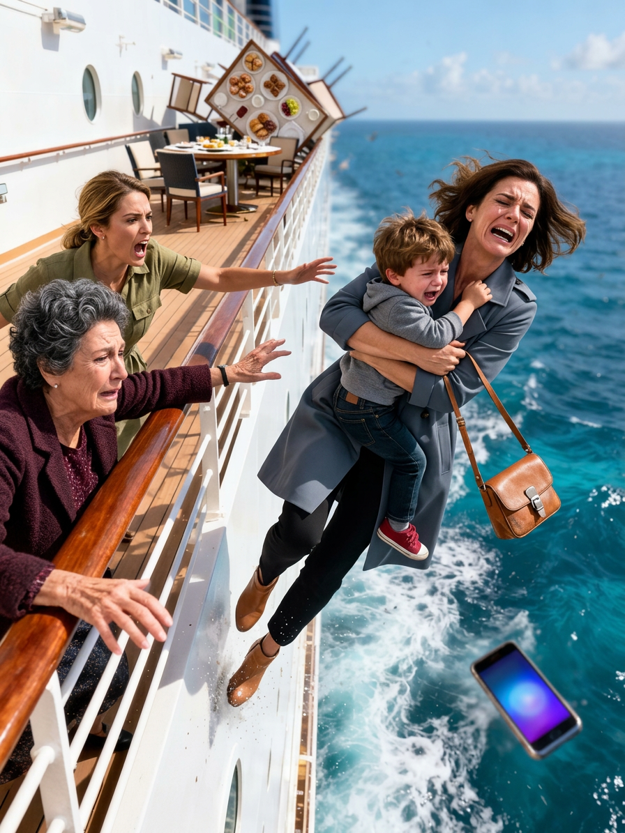 Op de privé-rondvaartboot van mijn ouders werden mijn 5-jarige zoon en ik plotseling van achteren geduwd. Ik draaide me om en mijn moeder zei zachtjes: “Je wordt uitgewist… alsof je nooit hebt bestaan.” Mijn zus fluisterde met een grijns: “Tot ziens, nutteloze wezens!” Ik hield mijn zoon stevig vast en viel in zee. Uren later…