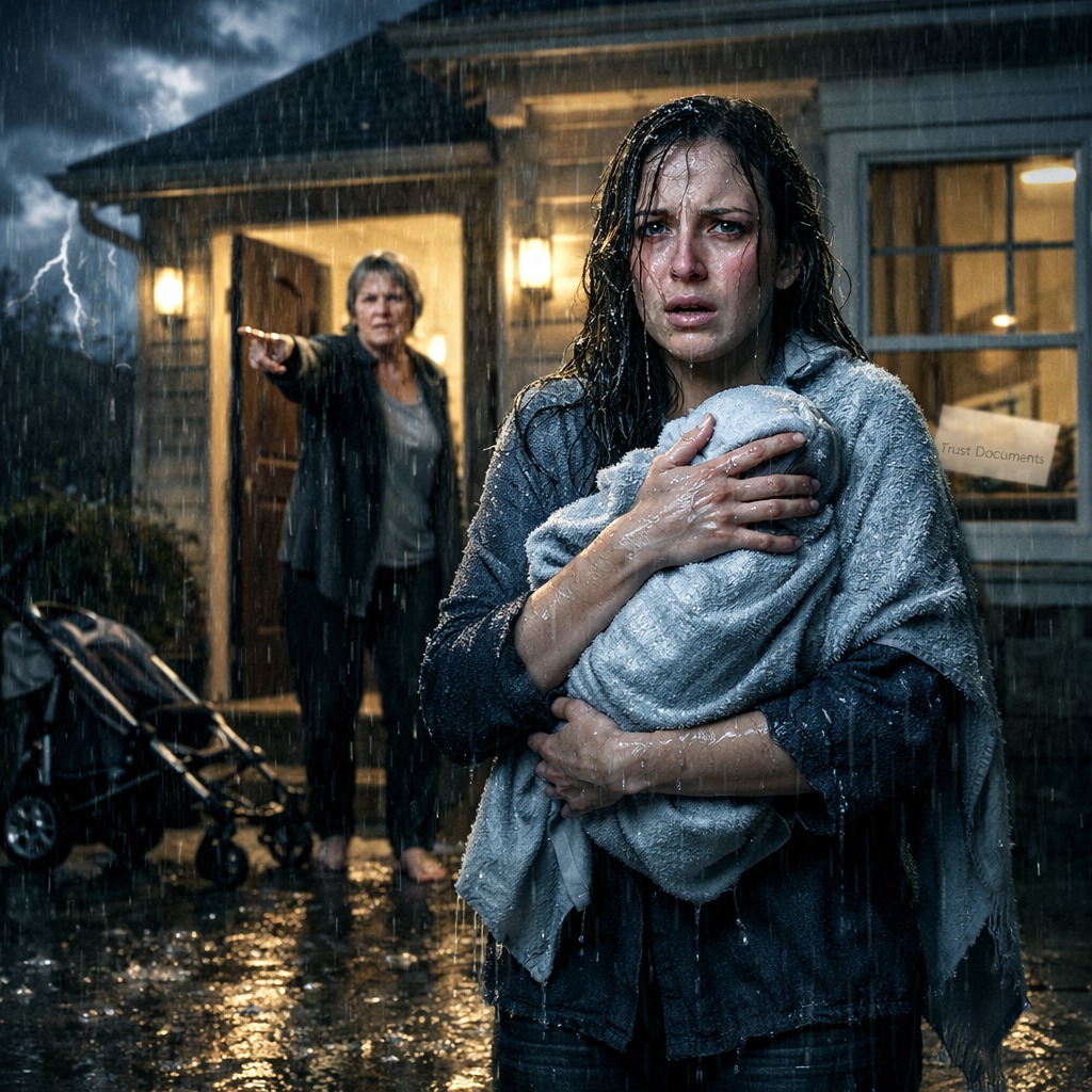 Nadat mijn man was overleden, gaf zijn moeder mij de schuld van wat er was gebeurd en zette ze me met onze drie maanden oude baby in mijn armen midden in een woeste storm op straat. Ze dacht dat ze alles van me had afgepakt – zelfs de kinderwagen. Wat ze zich nooit realiseerde, was wat mijn man in het geheim had geregeld voordat hij er niet meer was.