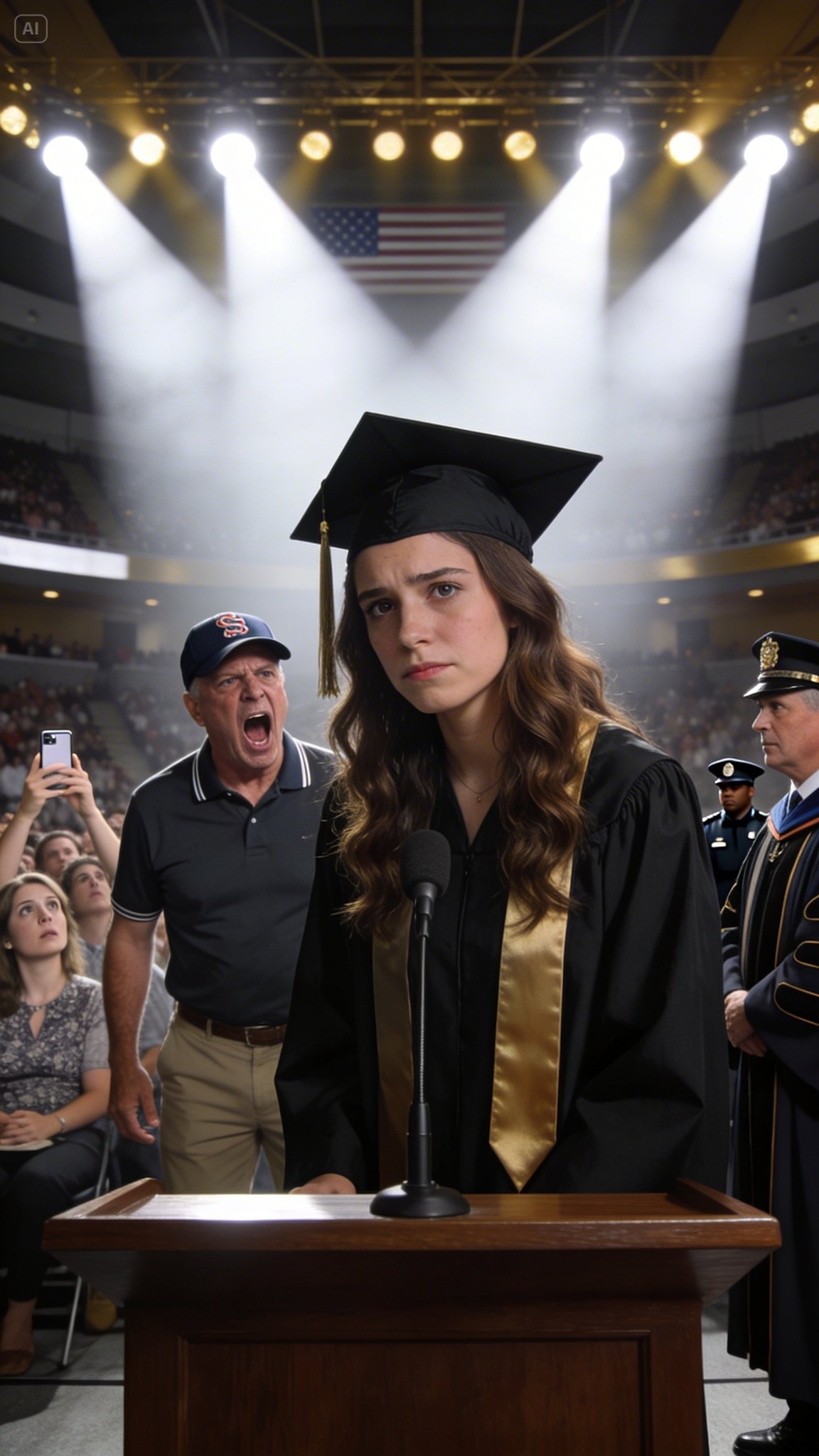 At My Graduation, My Dad Stood Up In The Bleachers And Yelled: “Don’t Clap — I Paid For That Degree, Not Her.” 2,000 People Stared. My Hands Shook But I Smiled, Stepped Back To The Podium And Said 7 Words. The Dean Turned To My Dad. Security Was Already Walking Toward Him.