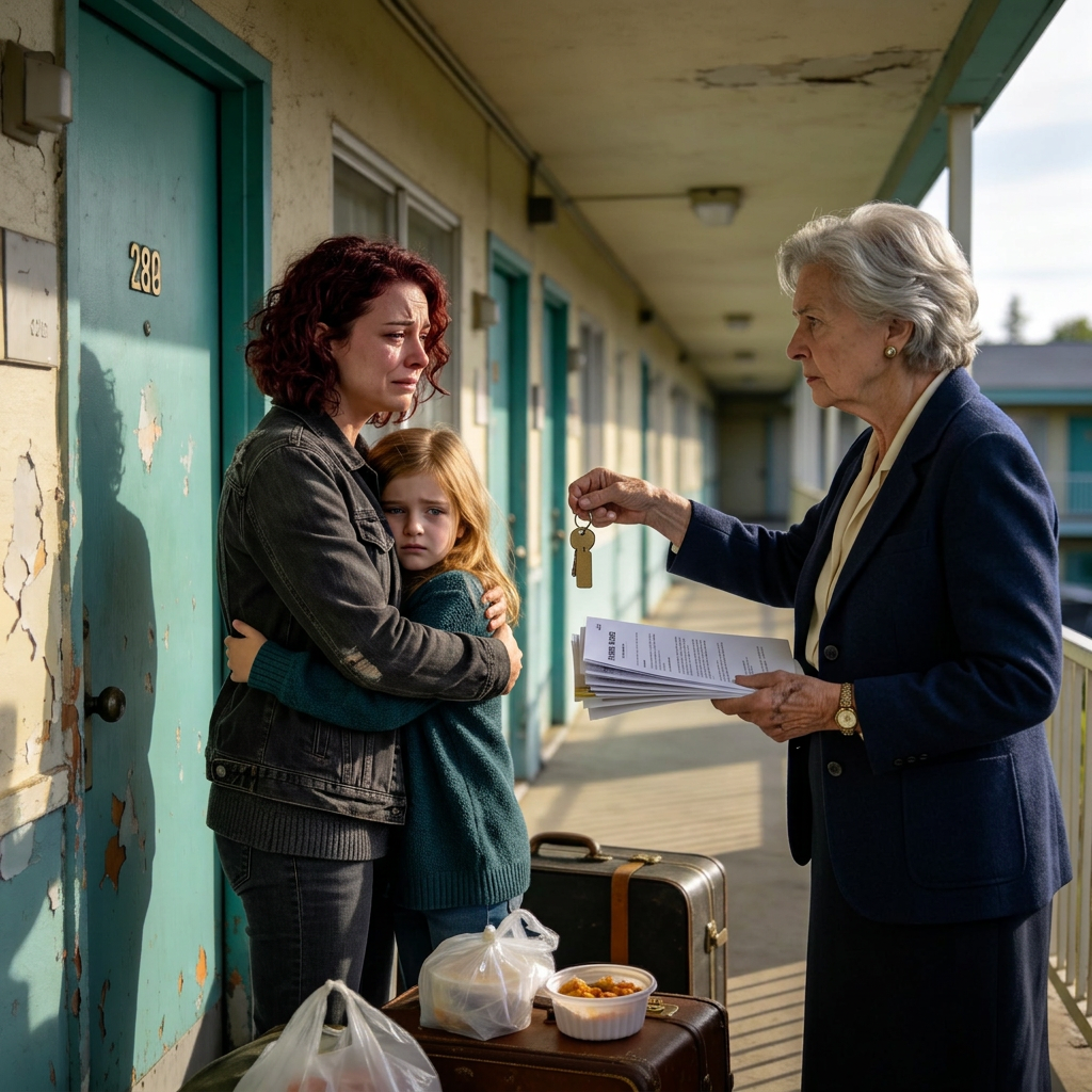 My grandmother found me and my daughter in a run-down motel. She asked gently, “Why aren’t you staying in the apartment I registered in your name after your divorce?” I blinked. “What apartment?” Three days later, I showed up at a family brunch. My mother stopped mid-sentence. My father stared at the floor.