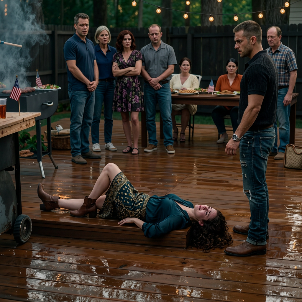 Ik kwam terug van een NAVO-missie en verwachtte een gezellige barbecue in Savannah – een nieuw terras, zoete thee en mijn ‘trotse’ familie die lachend naar de buren zou kijken. Maar toen bleef mijn zus bij de trap staan, fluisterde ‘kijk eens’, en viel ik hard voor ieders ogen. Terwijl mijn ouders me dramatisch vonden, zag mijn oude legermaatje de gladde plek, belde 911 en de waarheid kwam langzaam aan het licht.