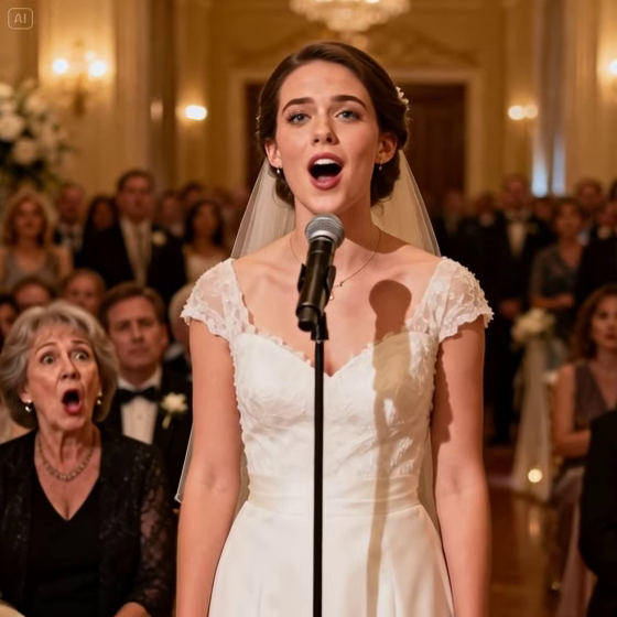 My mother-in-law tried to humiliate me at a wedding by forcing me to sing without any music. She believed that I, just a middle school graduate, would embarrass myself. Smiling coldly, she said, “Go on, sing.” Guests began to whisper. My hands trembled as I stepped forward. But when I opened my mouth and started singing… the laughter stopped, and every face in the room slowly changed. – Story