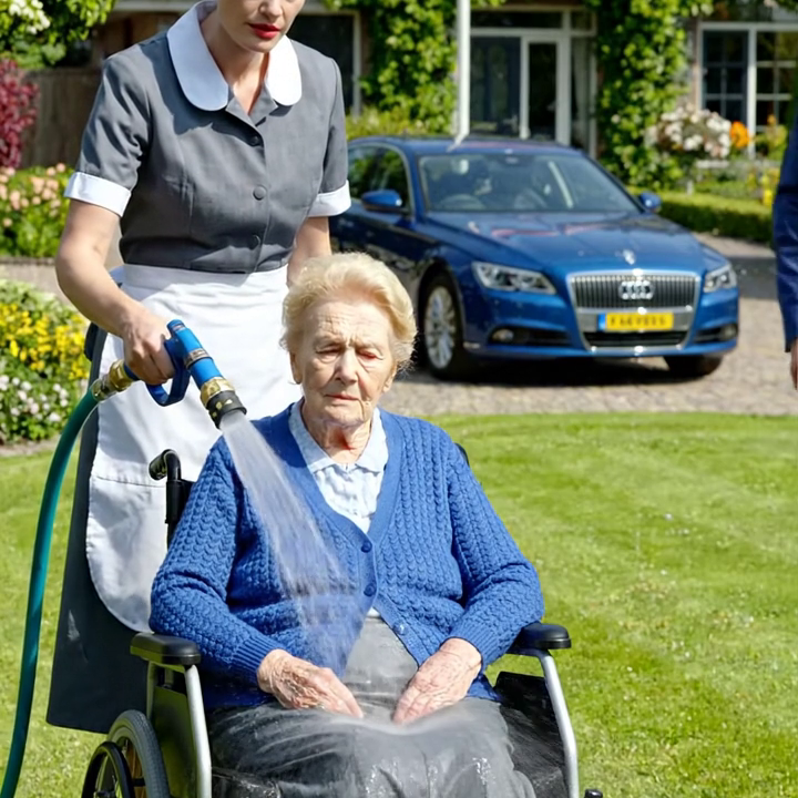 Ik zat twaalf jaar lang stil in een rolstoel omdat mijn zoon het idee niet kon verdragen dat ik ooit weer hoop zou krijgen. Toen reed onze nieuwe huishoudster me het gazon op in Plano, Texas, zette de tuinslang aan op een zachte douchestand en begon mijn haar te spoelen alsof ze een gewone zondagse klus afmaakte. Mijn zoon kwam in zijn donkerblauwe pak de oprit afgerend en wat ze vervolgens zei, deed hem verstijven.