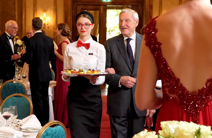 Ik ging aan de slag als serveerster op het afscheidsfeest van mijn man. Hij zei dat partners niet welkom waren. Maar ik hoorde een collega zeggen: “Hij praat constant over zijn vrouw!” Toen zag ik een jonge vrouw met haar hand op zijn schouder. Wat ik daarna ontdekte… veranderde alles.