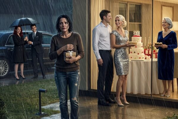 Mijn zoon sloot me buiten in de regen zodat hij met zijn schoonfamilie feest kon vieren. Toen stopte er een zwarte auto, stapte mijn moeder uit, keek naar mijn doorweekte kleren en wees naar het huis: “Vernietig het.” Ik dacht dat ze gewoon een rustige vrouw van een ranch was, maar de manier waarop twee mannen in donkere pakken achter haar aan liepen, gaf het perfecte verjaardagsfeest van mijn zoon het gevoel dat het het begin van een afrekening was.