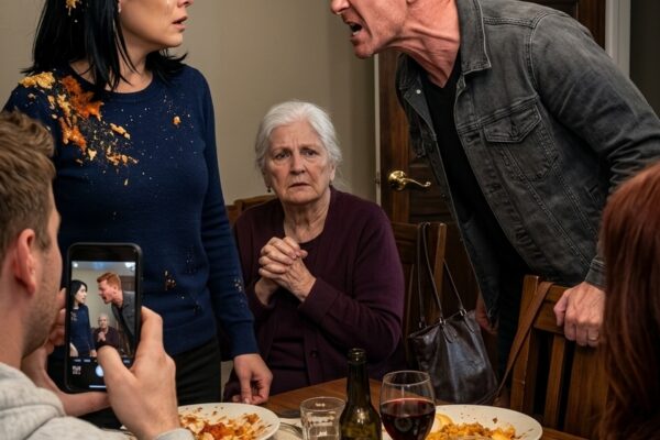 “Hoe durf je nee te zeggen tegen mijn moeder?” – Mijn man en zijn moeder probeerden me te dwingen mijn appartement af te tekenen tijdens een familiediner, mijn man gooide een bord naar me, ik schopte ze uit mijn eigendom en gooide ze eruit