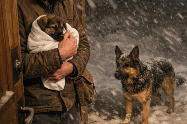 “Het was geen willekeurig krabben.” – Een gepensioneerde marineveteraan opende zijn hutdeur tijdens een sneeuwstorm in de bergen, en de Duitse herder die daar stond, veranderde voor altijd de loop van ieder leven binnenin