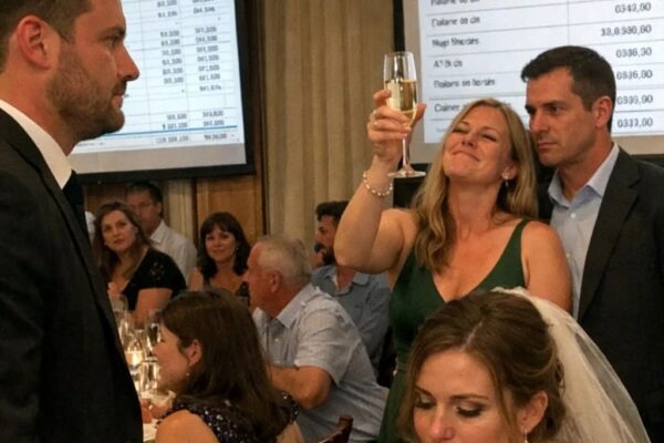 Mijn zus hief een champagneglas op mijn bruiloft en bespotte mijn man omdat hij ‘maar een voormalige ober’ was – ‘Relax, het is een grapje’, ze glimlachte, totdat hij kalm opstond en onthulde dat hij eigenaar was van de hele locatie, en de schermen achter ons de misdaden blootlegden waarvoor zij en haar man op het punt stonden gearresteerd te worden