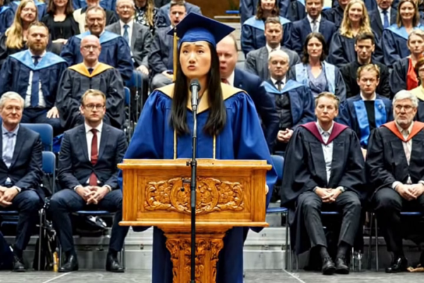 Tijdens mijn diploma-uitreiking stond mijn vader op de tribune en riep: “Niet klappen – ik heb voor die opleiding betaald, niet zij.” Tweeduizend mensen staarden hem aan. Mijn handen trilden, maar ik glimlachte, liep terug naar het podium en sprak zeven woorden. De decaan draaide zich naar mijn vader. Beveiligingspersoneel liep al naar hem toe.