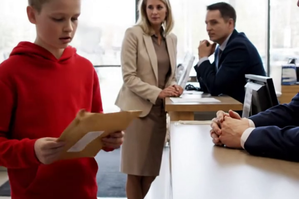 ‘Alsjeblieft… Mijn grootmoeder zei dat ik dit hierheen moest brengen.’ — Een bankdirecteur veegde een stille tienjarige jongen met een versleten envelop weg… totdat zijn machtige oom hen vroeg de rekening te controleren.