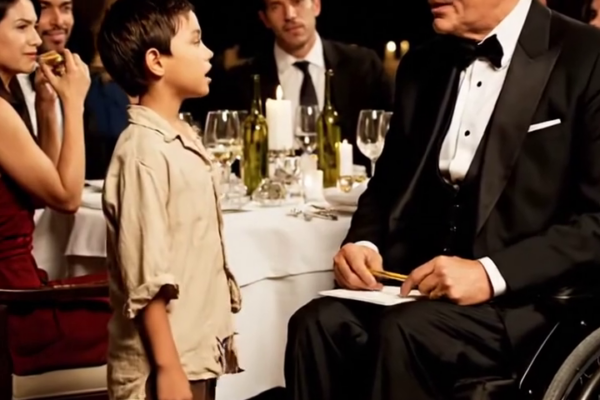 ‘Meneer… ik kan uw been helpen.’ – Een jongen op blote voeten zei dit tegen een miljardair in een rolstoel in een luxe restaurant… Vijftien seconden later lachte niemand.